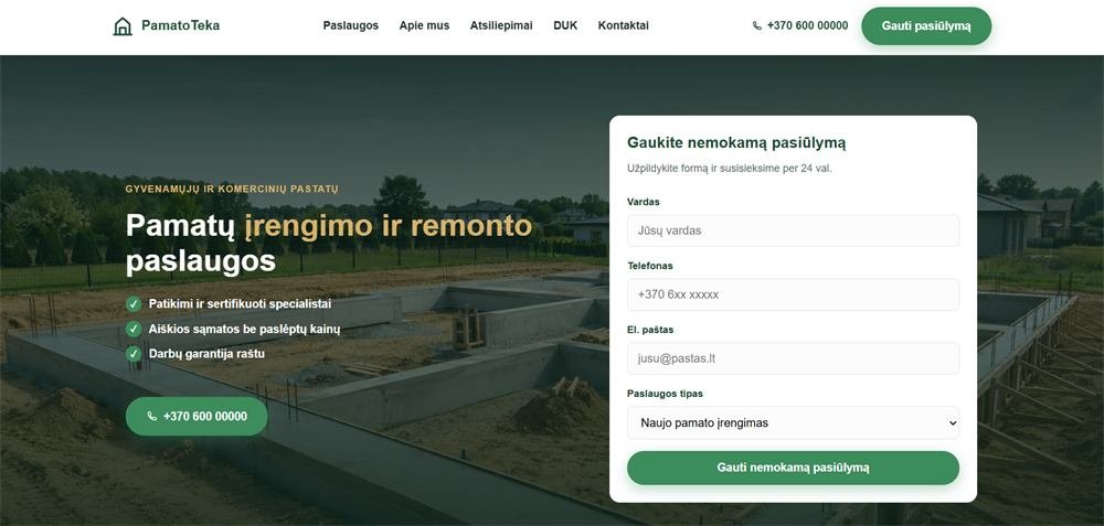 Pamatų įrengimo svetainės pavyzdys